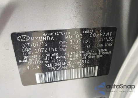 2013 Hyundai Elantra Gls z USA, uszkodzony, nr VIN KMHDH4AE2DU998612